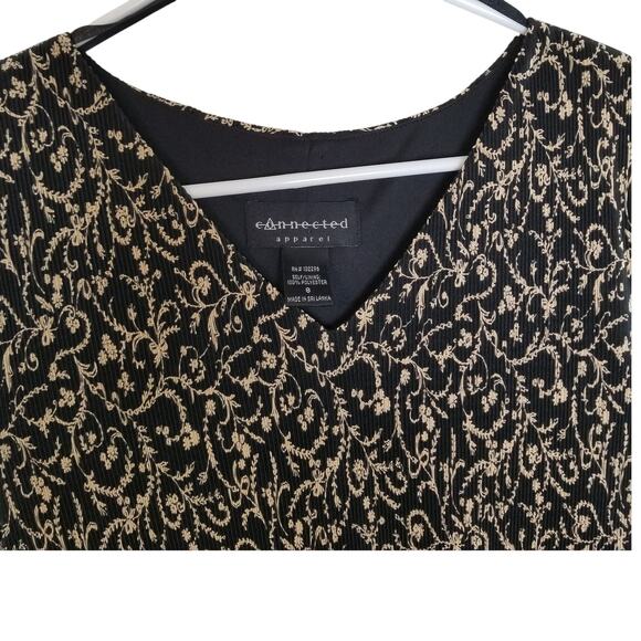 Connected Apparel Black Beige Pattern Tiered Pin Pleats Ruffle Dress Size 8 - Picture 2 of 7